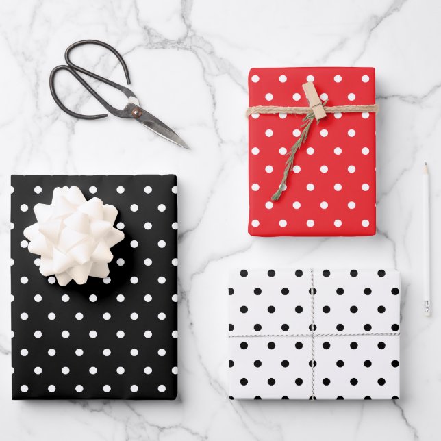 Polka Dots Muster Set 3 Red Schwarz-weiß Geschenkpapier Set (Vorderseite)