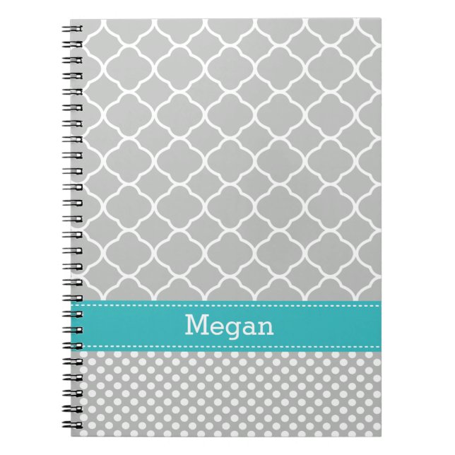 Polka Dots Pattern Aqua und Grau Individuelle Name Notizblock (Vorderseite)