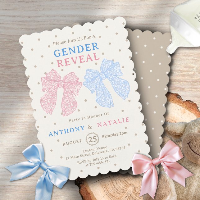 Polka Dots Pink Ribbon Blue Bow Krawatte Gender Re Einladung (Polka Dots Pink Ribbon Blue Bow Tie Gender Reveal Invitation )