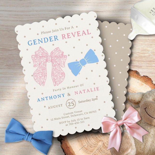 Polka Dots Pink Ribbon Blue Bow Krawatte Gender Re Einladung (Polka Dots Pink Ribbon Blue Bow Tie Gender Reveal Invitation)