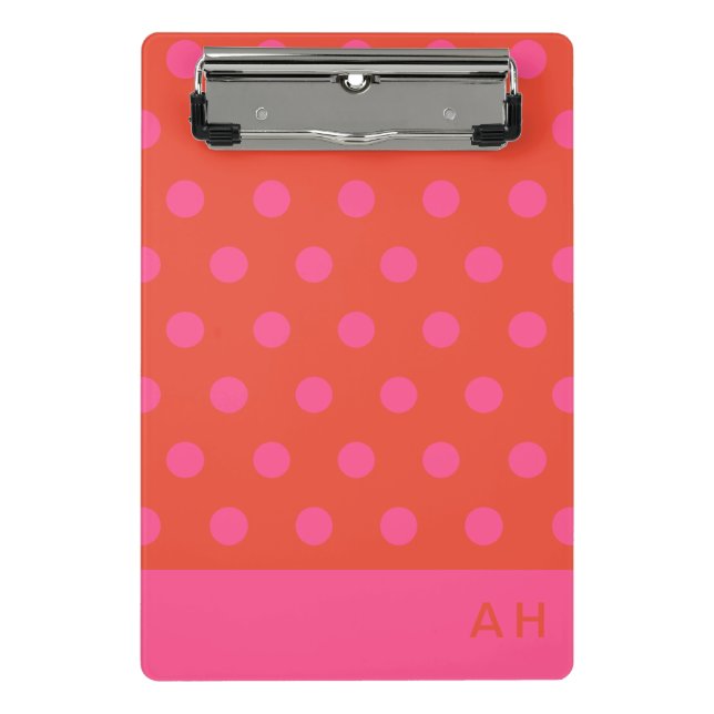 Polka Dots Pink und Rot Orange mit Monogramm Mini Klemmbrett (Vorderseite)