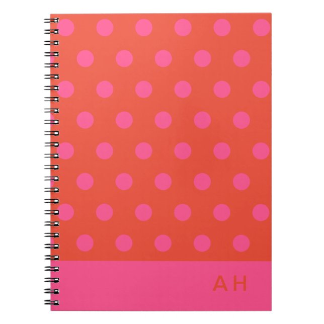 Polka Dots Pink und Rot Orange mit Monogramm Notizblock (Vorderseite)