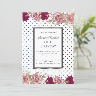 Polka Dots Red Pink Roses Birthday White Einladung