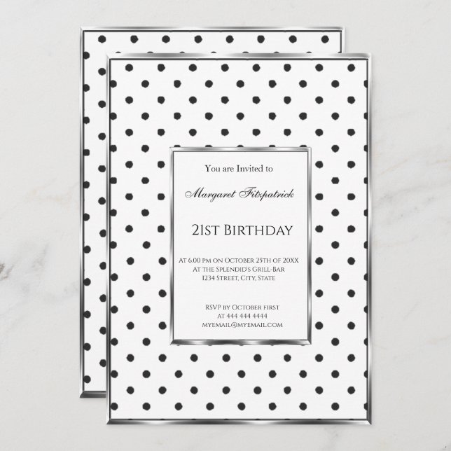 Polka Dots Schwarz-weiß 21. Geburtstag Party Einladung (Vorne/Hinten)