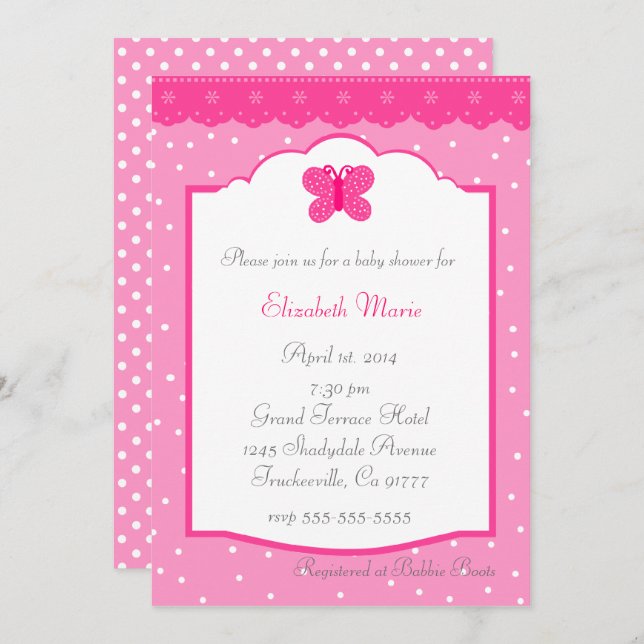 Polka Dots und Butterfly Baby Dusche Einladung (Vorne/Hinten)