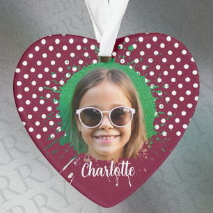 Polka Dots und Foto auf Bordeaux Ornament