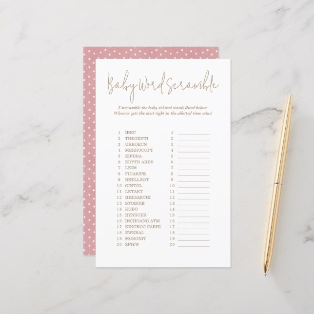 Polka Dots Word Scramble Animals Baby Showspiel (Vorderseite/Rückseite Beispiel)
