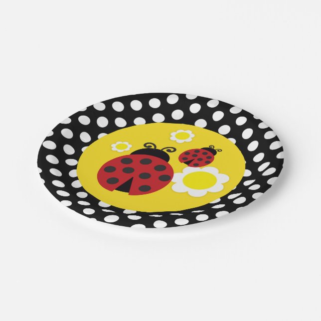 Polka Dots Yellow Flowers Red Ladybug Babydusche Pappteller (Schrägansicht)