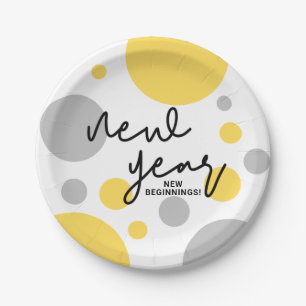 Polka dots Yellow Gray of New Year New Beginns Pappteller