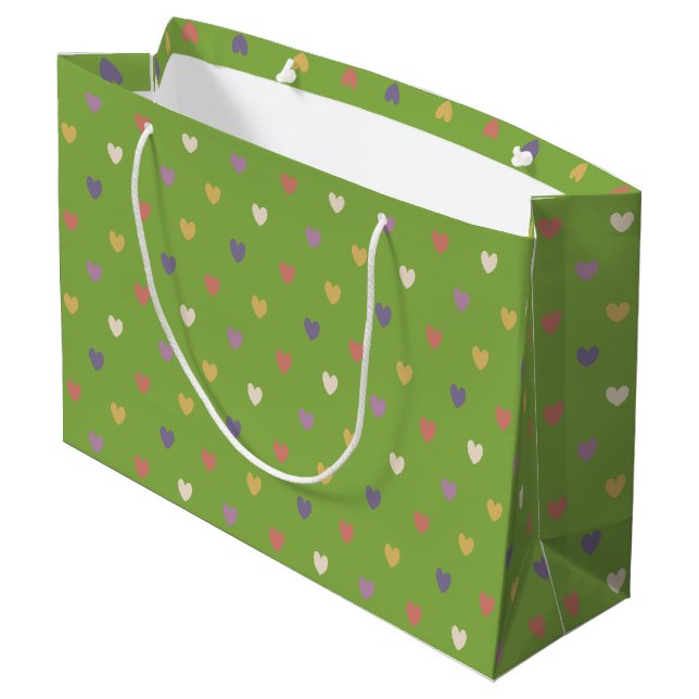 Polka Herzen auf grünem Grün Große Geschenktüte (Rückseite Schrägansicht)