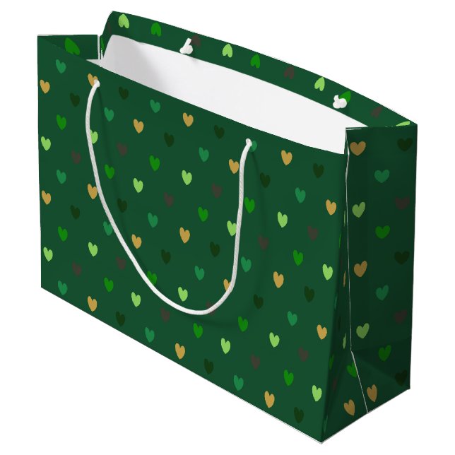 Polka Herzen auf Waldgrün Große Geschenktüte (Rückseite Schrägansicht)