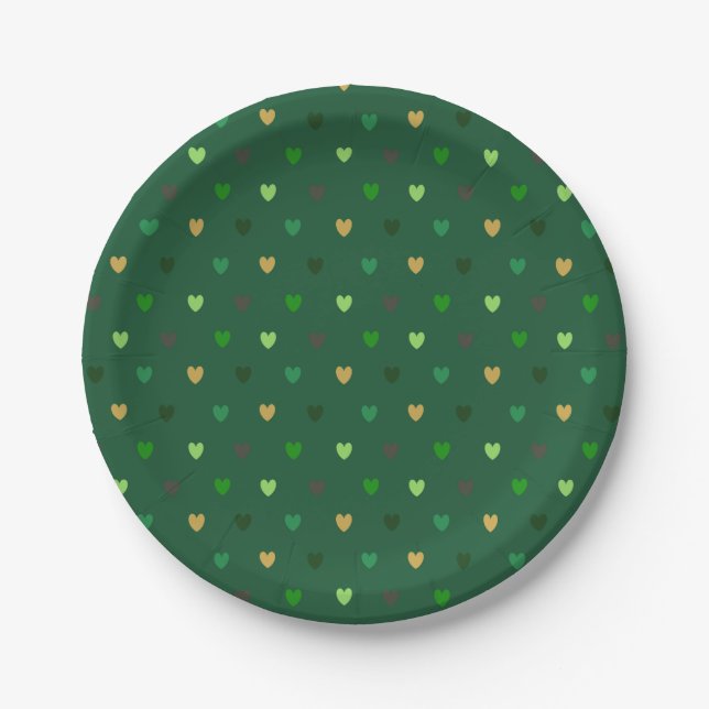 Polka Herzen auf Waldgrün Pappteller (Vorderseite)