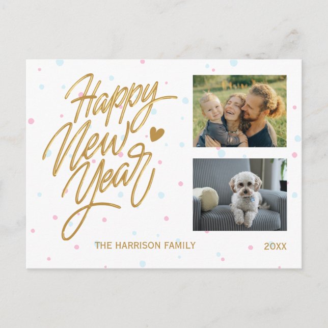 Polka macht zwei Fotos Neujahrskalligraphie Postkarte (Vorderseite)