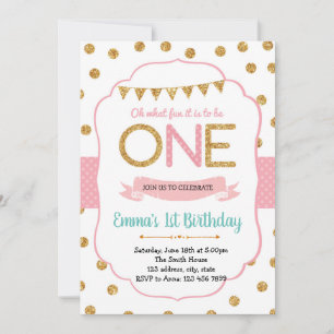 Polka Pink und Gold 1. Geburtstag Einladung