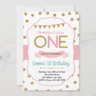 Polka Pink und Gold 1. Geburtstag Einladung