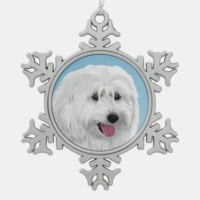 Polnisch Lowland Sheepdog Malerei - Original Hund  Schneeflocken Zinn-Ornament (Vorderseite)