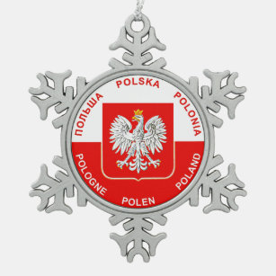 Polnische Flaggenfarben mit Schneeflocken Zinn-Ornament