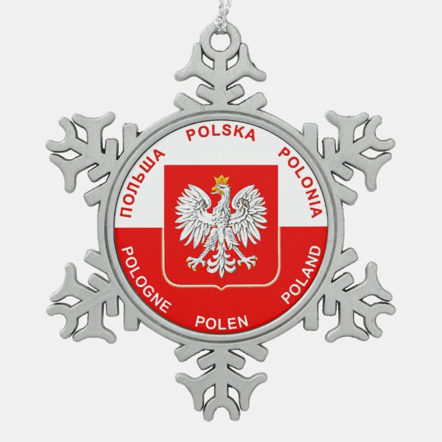 Polnische Flaggenfarben mit Schneeflocken Zinn-Ornament (Vorderseite)