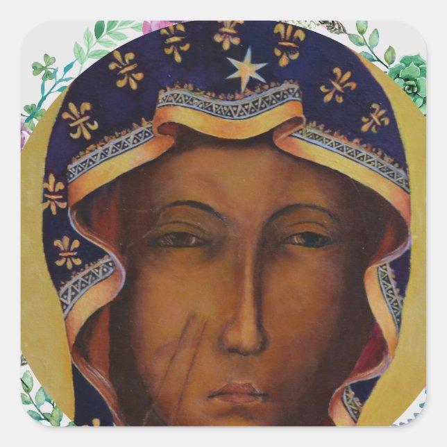 Polnische Schwarze Madonna Traditionelles katholis Quadratischer Aufkleber (Vorderseite)