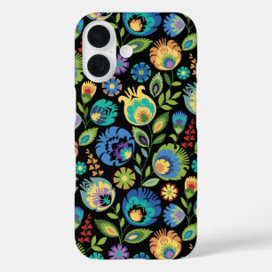 Polnische Wycinanki Floral auf Schwarz iPhone 16 Hülle