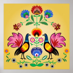 Polnischer Folk mit dekorativen Blüten und Hähnche Poster