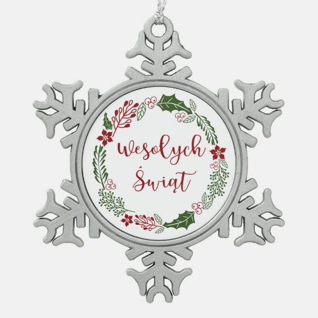 Polnischer Heiligabend, Wesołych świąt Schneeflocken Zinn-Ornament (Vorderseite)