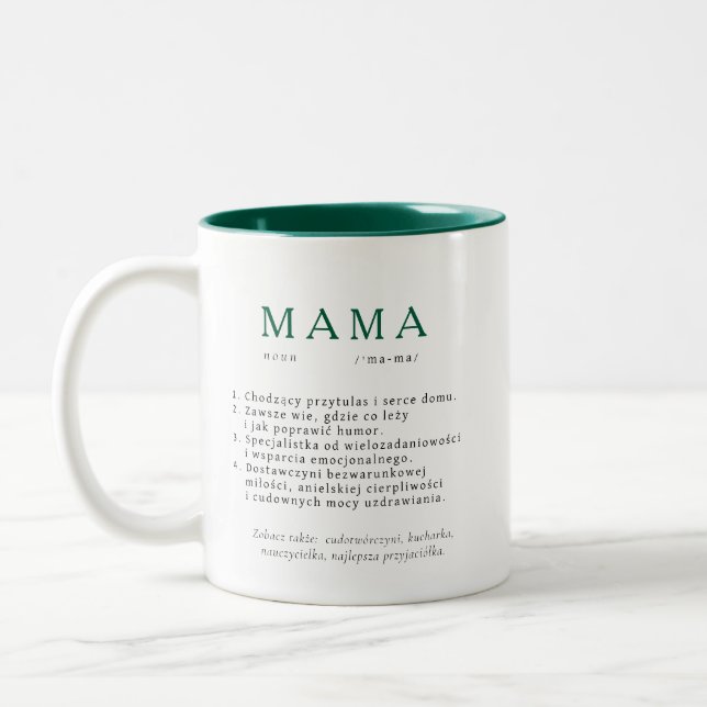 Polnisches Mum-Geschenk - MAMA Definition grün Zweifarbige Tasse (Links)