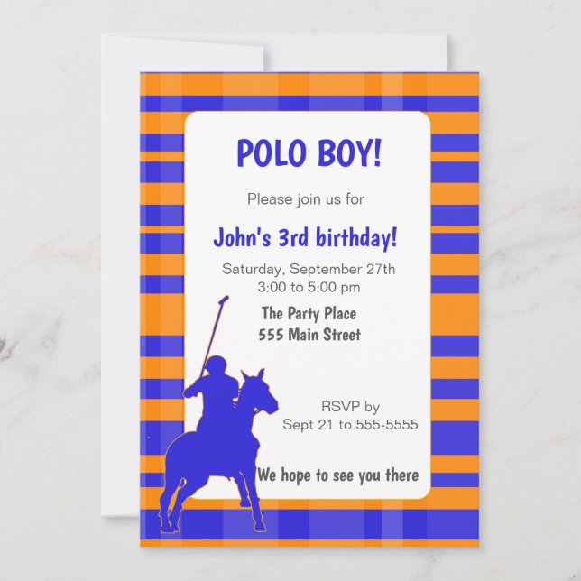 Polo Boy Birthday Invitation Royal Blue Orange Einladung (Vorderseite)