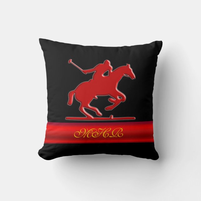 Polo Player, Monogramm, roter Chrom-Look Kissen (Vorderseite)