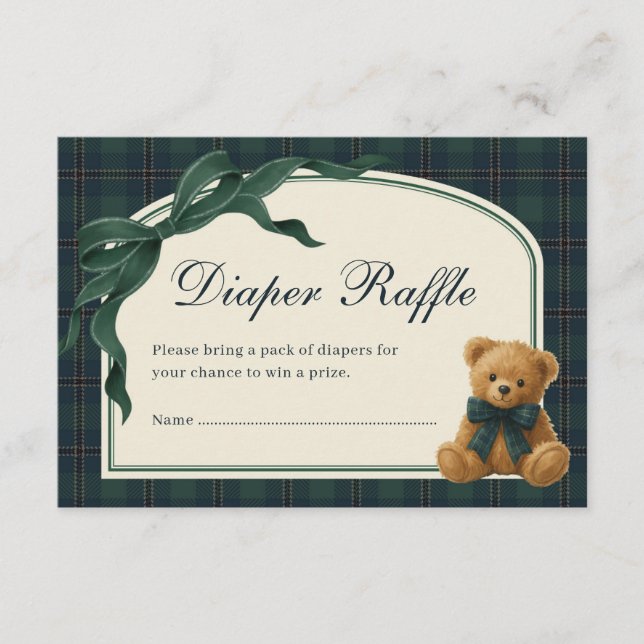 Polo Teddy Bear Green Bow Plaid Diaper Raffle Begleitkarte (Vorderseite)