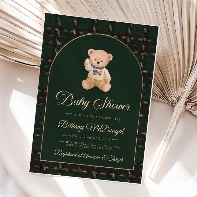 Polo Teddy Bear Tartan Preppy Baby Shower Folieneinladung (polo bear invitation, green tartan baby shower, preppy baby shower, foil invitation, classic baby sh)