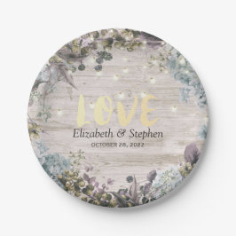 Polterabend Blumenstrauß und rustikales Holz Pappteller