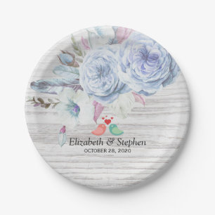 Polterabend Boho Blume & Feathers Rustikales Holz Pappteller