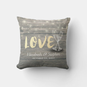 Polterabend Champagne Glasses Wood String Light Kissen