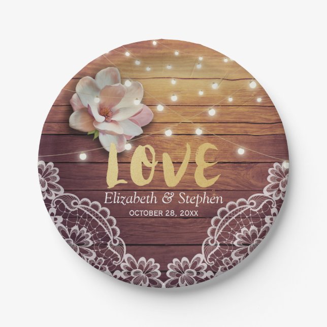 Polterabend Floral String Lights Holzosen Deko Pappteller (Vorderseite)