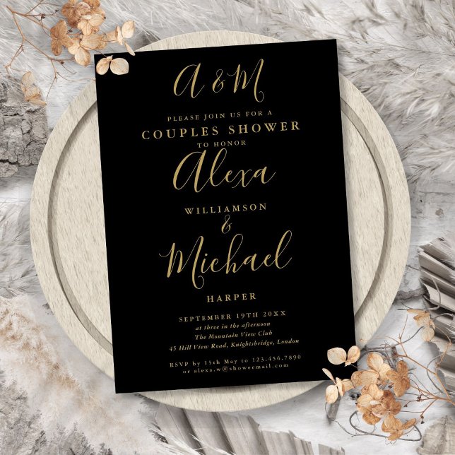 Polterabend für Schwarz-Gold-Monogramm-Paare Einladung (Black And Gold Monogram Couples Wedding Shower Invitation)