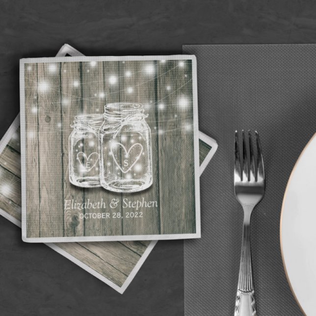 Polterabend Rustic Wood Mason Jar String Lights Serviette (Von Creator hochgeladen)