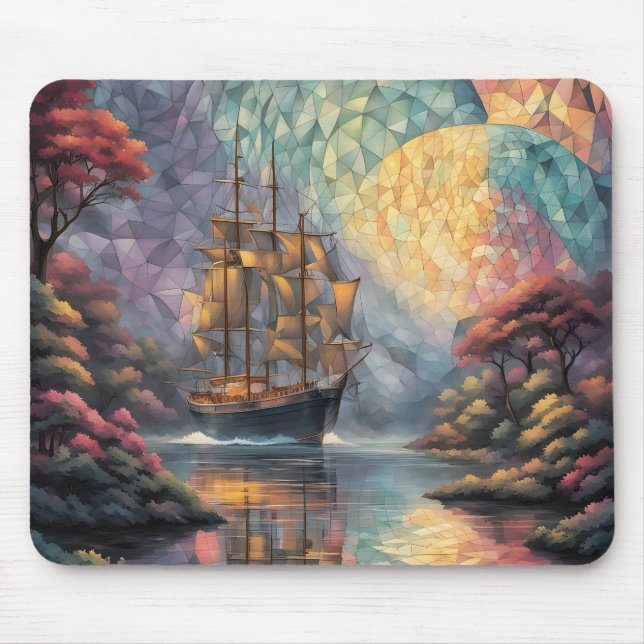 Polygonal Sailing Ship and Full Moon Mousepad (Vorne)