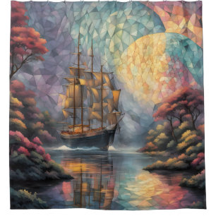 Polygonal Segelschiff und Vollmond Duschvorhang