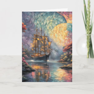 Polygonal Segelschiff und Vollmond Vatertag Feiertagskarte
