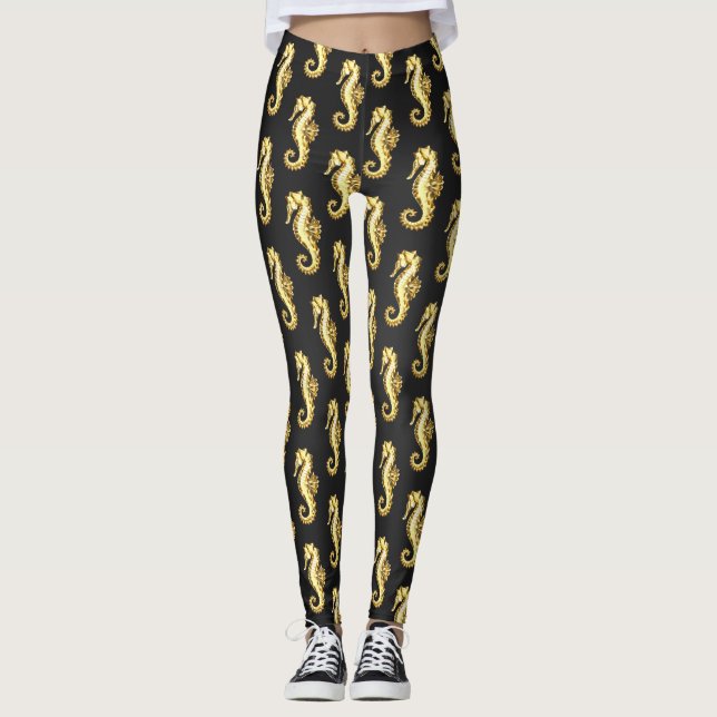 Polygonales Gold-Seepferd Leggings (Vorderseite)