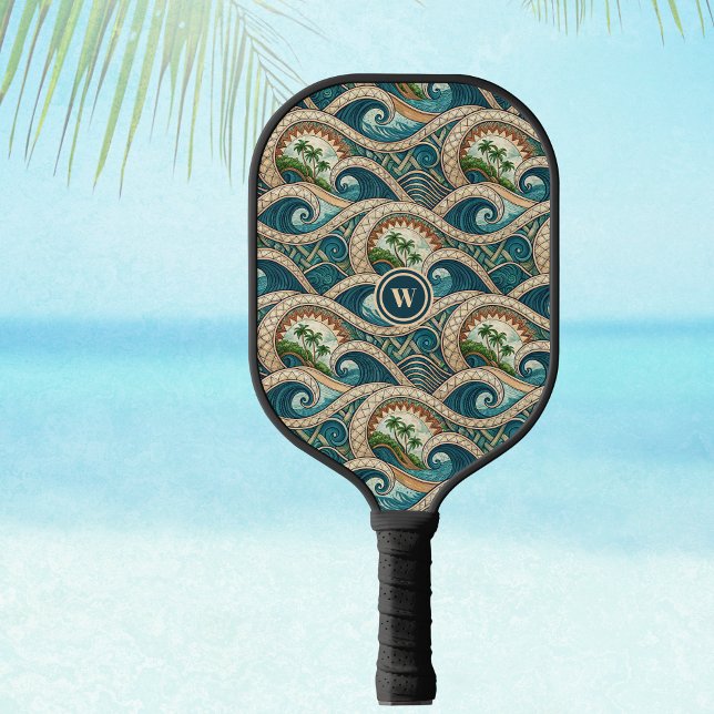 Polynesian Waves and Palm Trees Retro Monogram Pickleball Schläger (Von Creator hochgeladen)