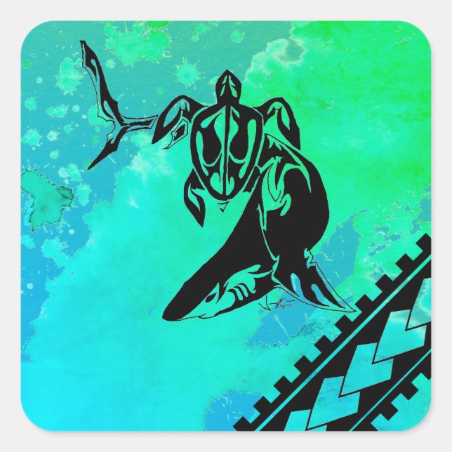 Polynesisch Inspiriert Schildkröte und Hai Quadratischer Aufkleber (Vorderseite)