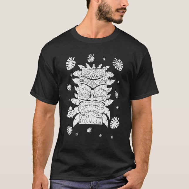Polynesisch Tiki Mask Monstera Verlasse Hawaiian L T-Shirt (Vorderseite)