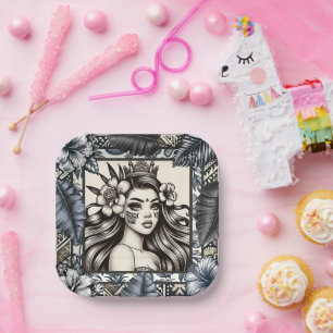 Polynesische Prinzessin Blau Blumen Stammesschmuck Pappteller