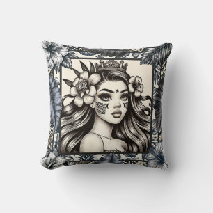 Polynesische Prinzessin Blaue Blumen Tribal Kissen