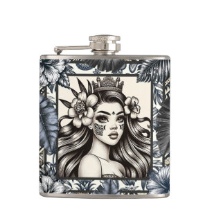 Polynesische Prinzessin Blaues Blumen-Tribal Flachmann
