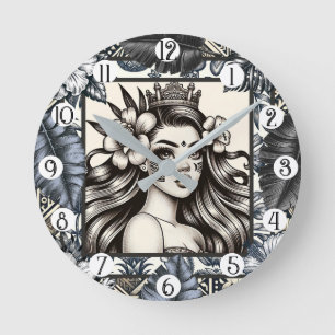 Polynesische Prinzessin Blaues Blumen-Tribal Runde Wanduhr