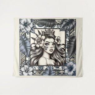 Polynesische Prinzessin Blaues Blumen-Tribal Wandteppich