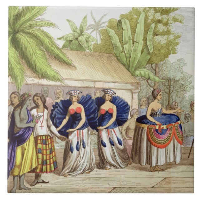 Polynesische Tänzerinnen, graviert von A. Bernati Fliese (Vorderseite)